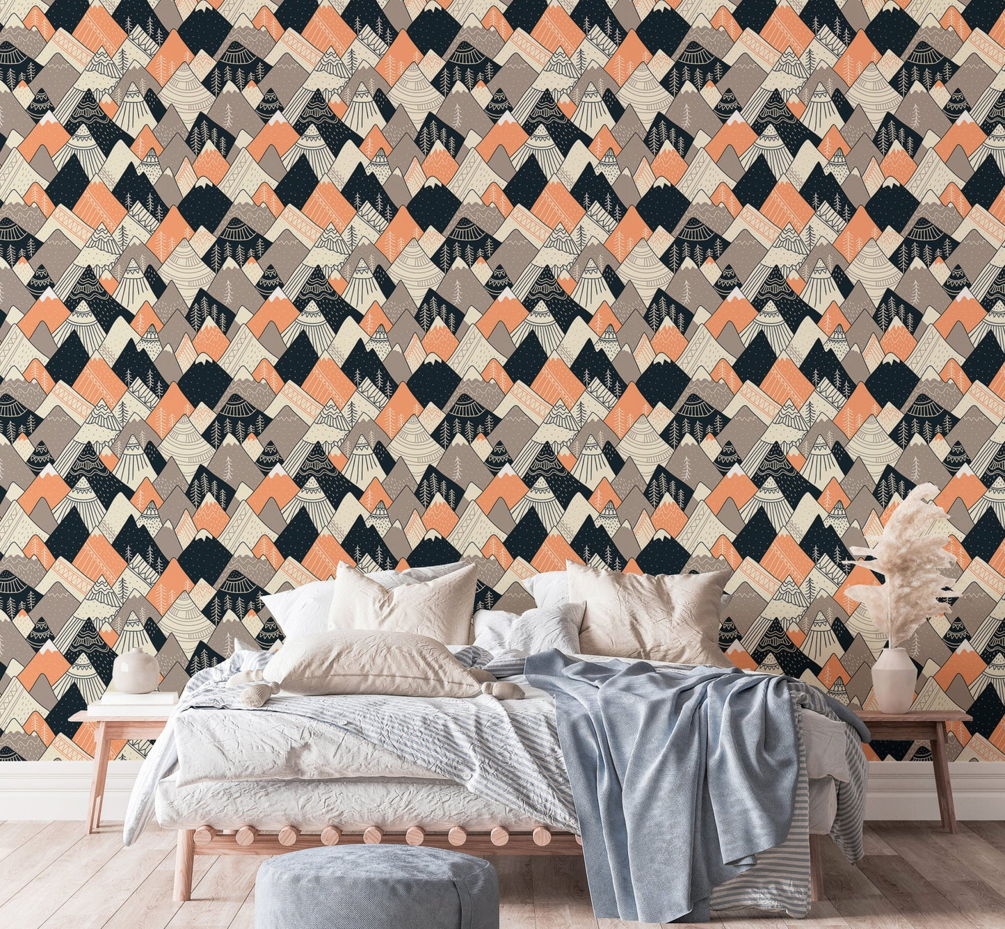 Seamless mountain pattern wallpaper in a minimalist master bedroom.