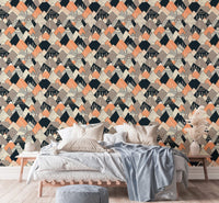 Seamless mountain pattern wallpaper in a minimalist master bedroom.