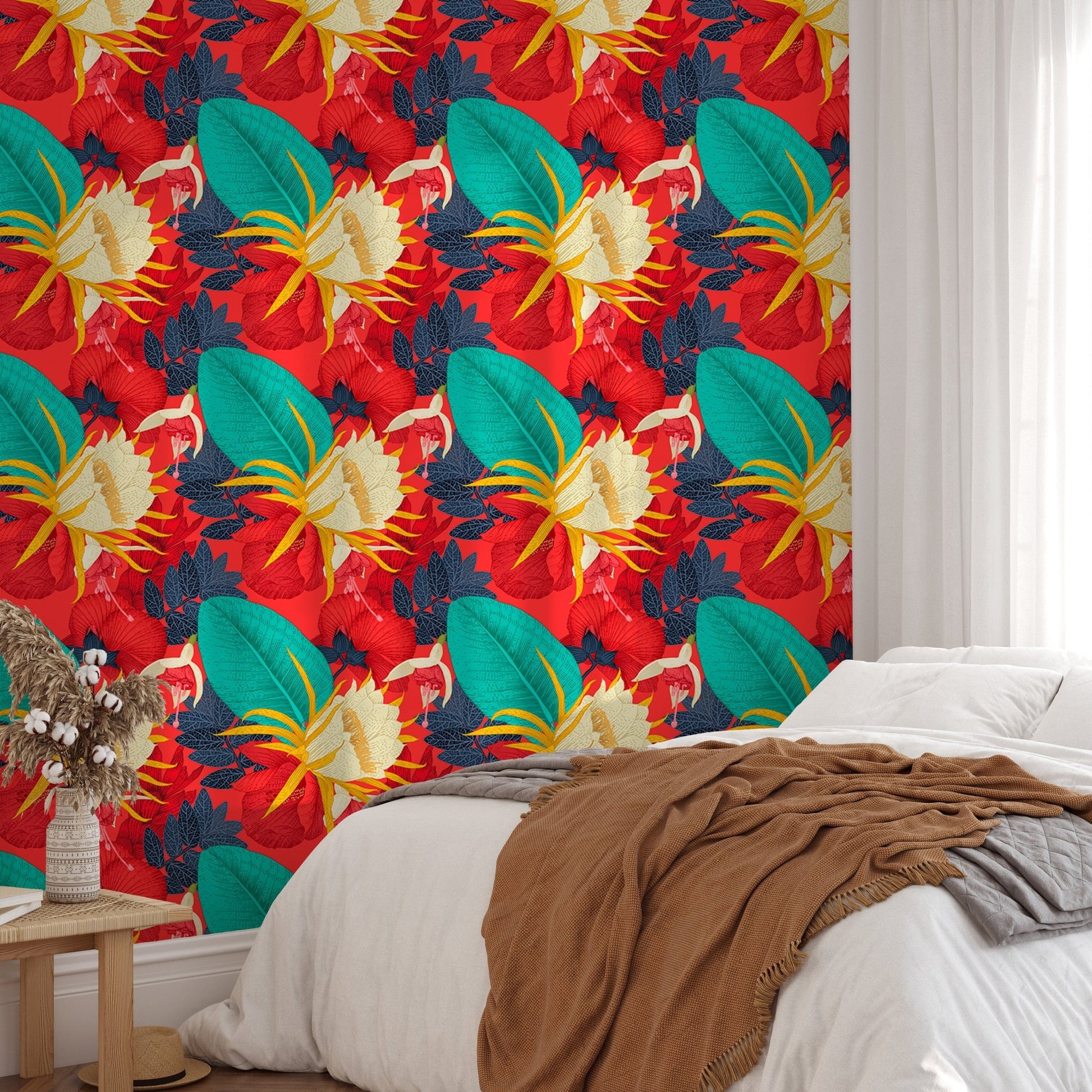 Seamless pattern floral wallpaper in a bedroom with a brown throw blanket.