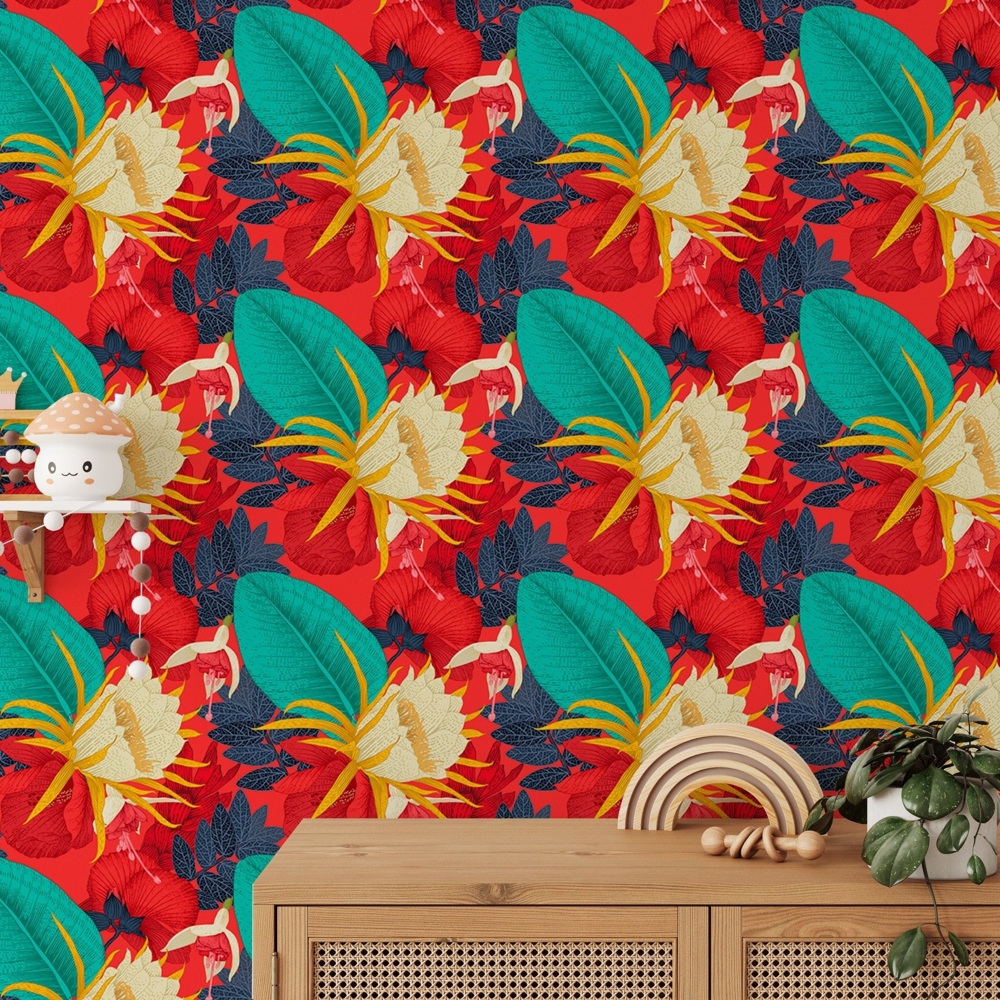 Seamless pattern tropical wallpaper behind a wooden cabinet and white arch.