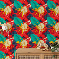 Seamless pattern tropical wallpaper behind a wooden cabinet and white arch.