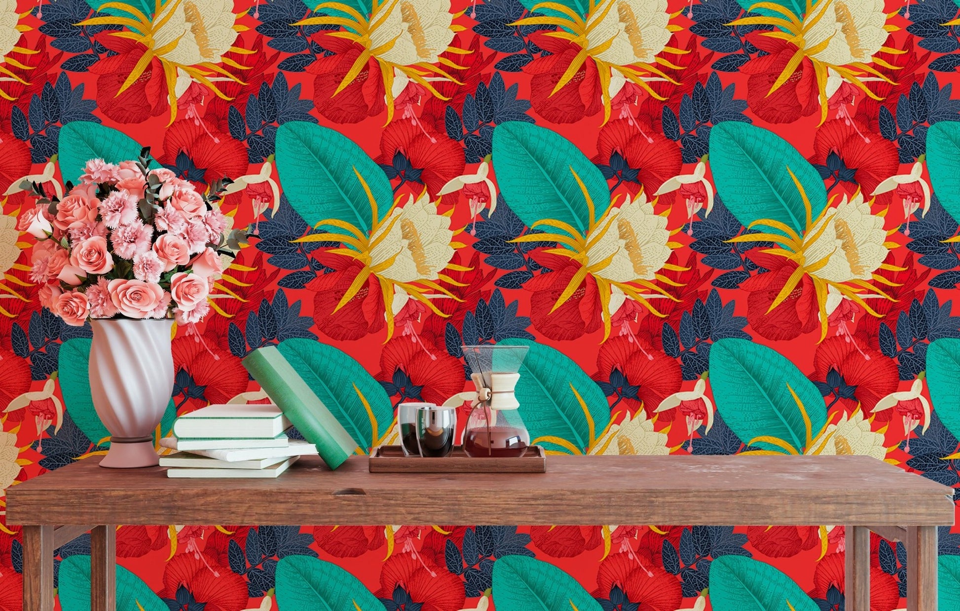 Seamless pattern floral wallpaper above a wooden desk with a flower vase.