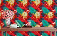 Seamless pattern floral wallpaper above a wooden desk with a flower vase.