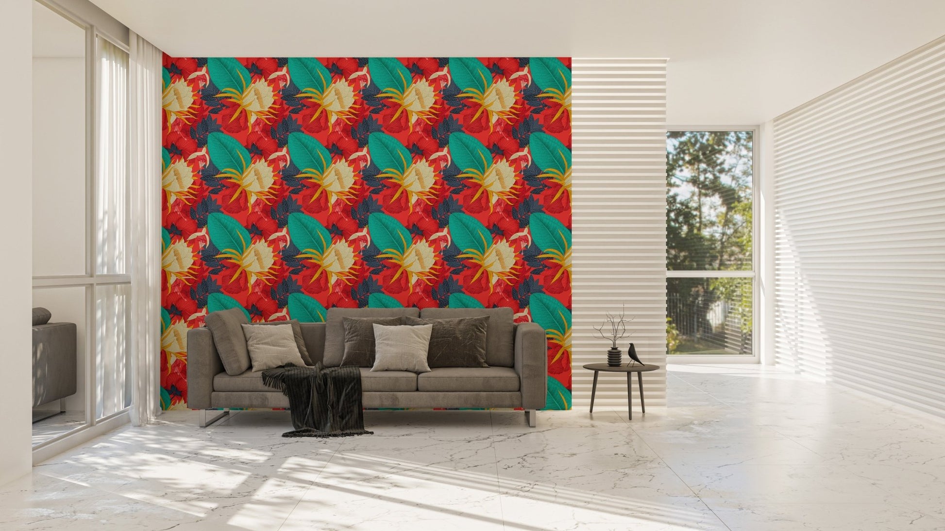 Red background floral wallpaper in a wide living room with a grey sofa.