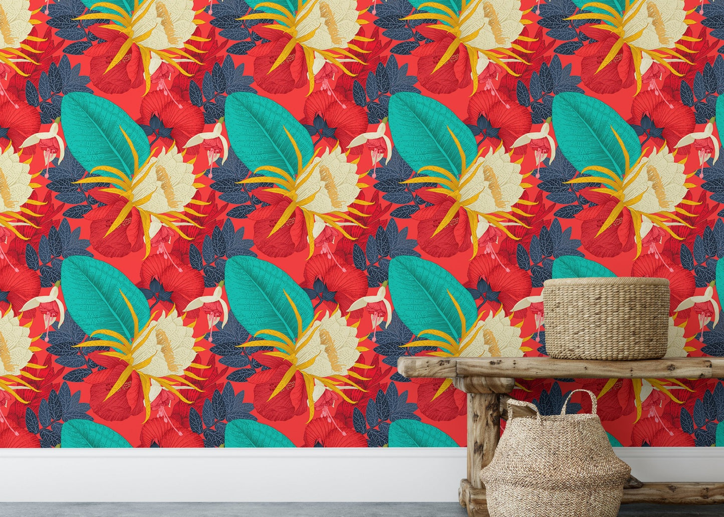Seamless pattern floral wallpaper behind a wooden bench and woven baskets.