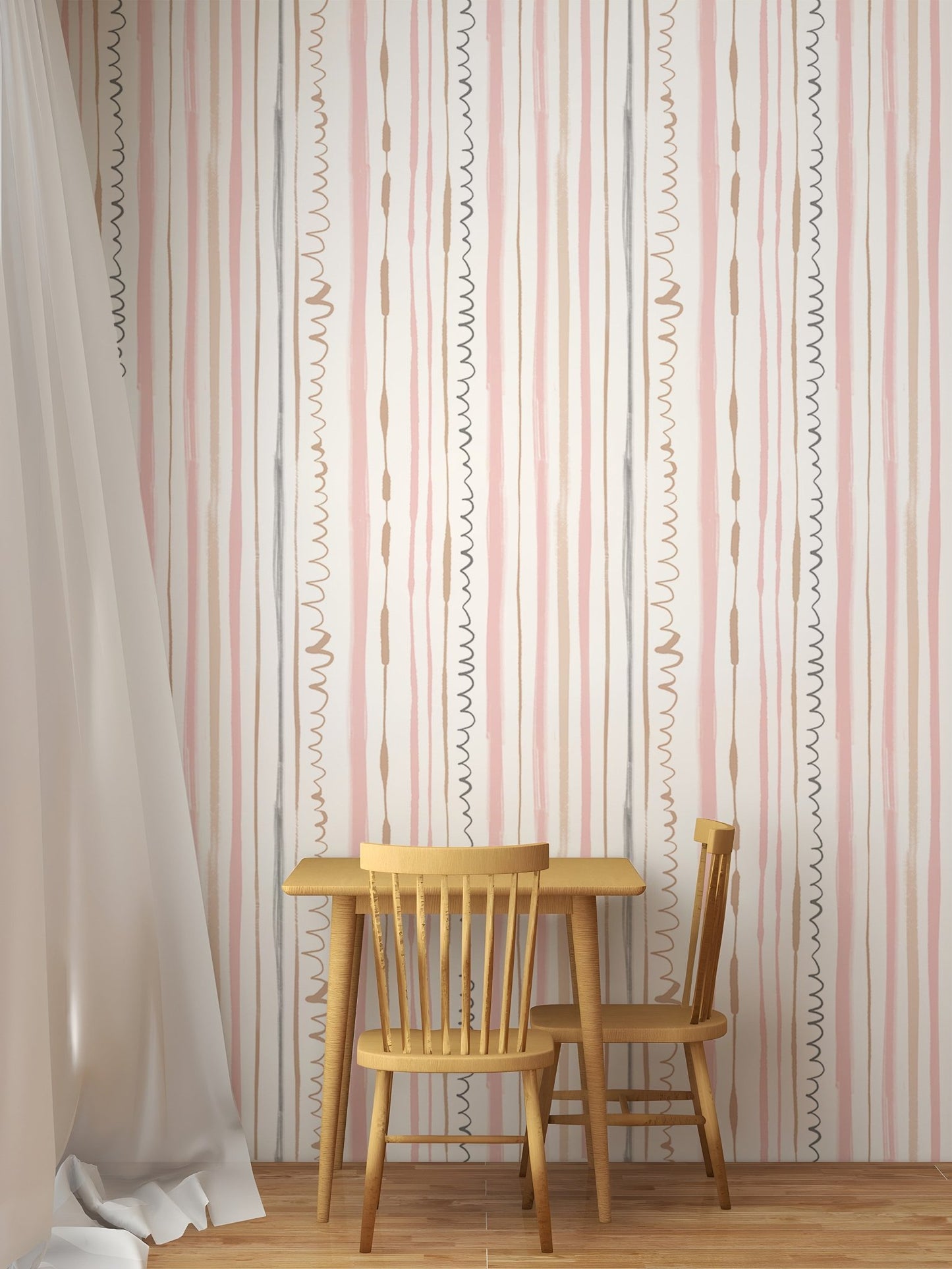 Minimalist dining area with a wooden table and pink vertical line wallpaper.