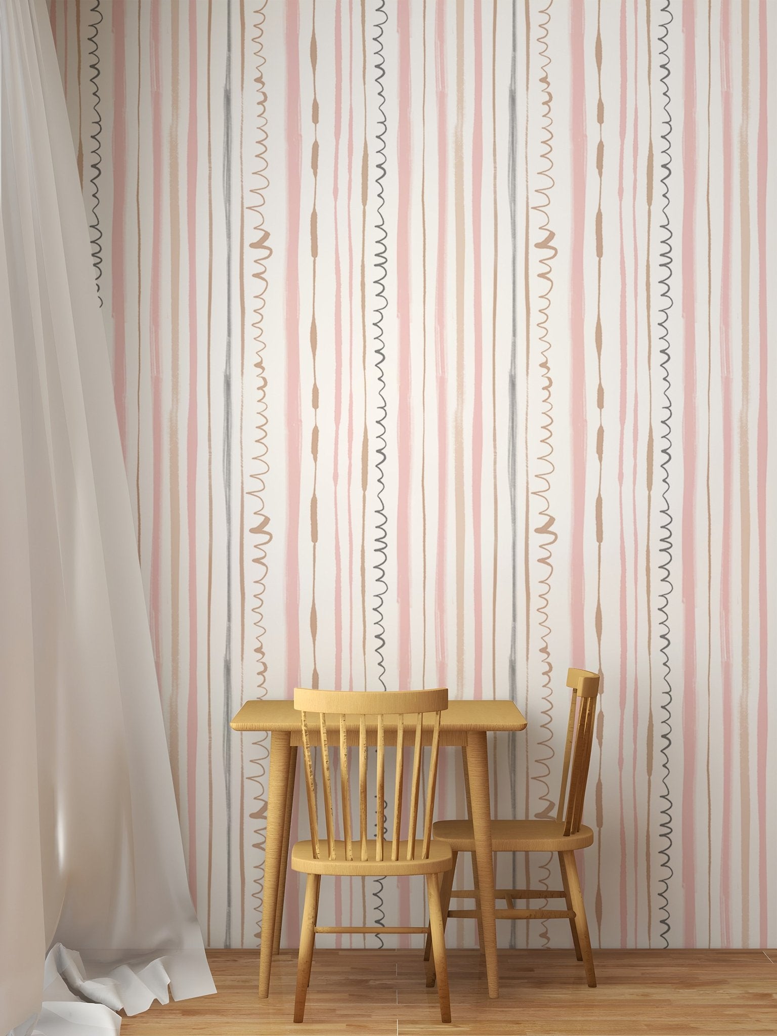 Minimalist dining area with a wooden table and pink vertical line wallpaper.