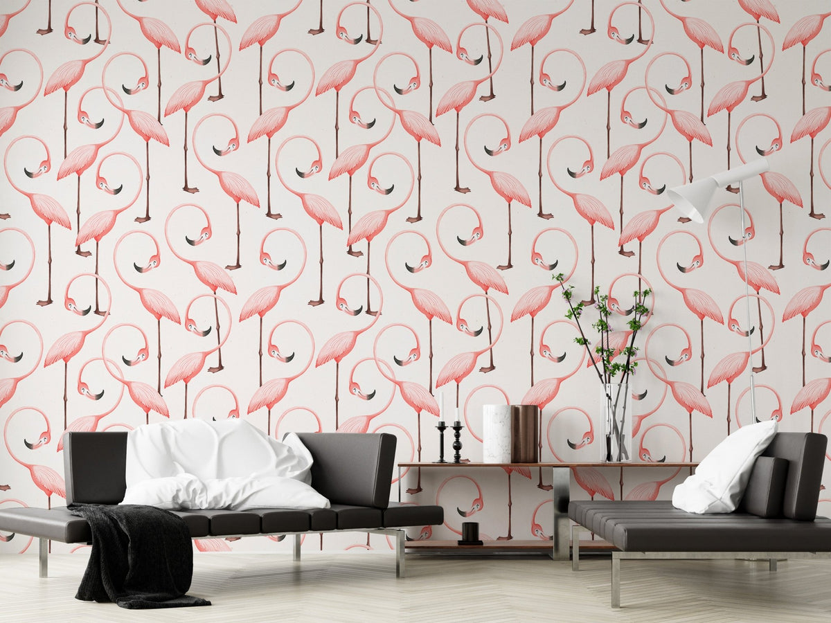 Modern hallway wall covered in pink flamingo pattern wallpaper with black bench.