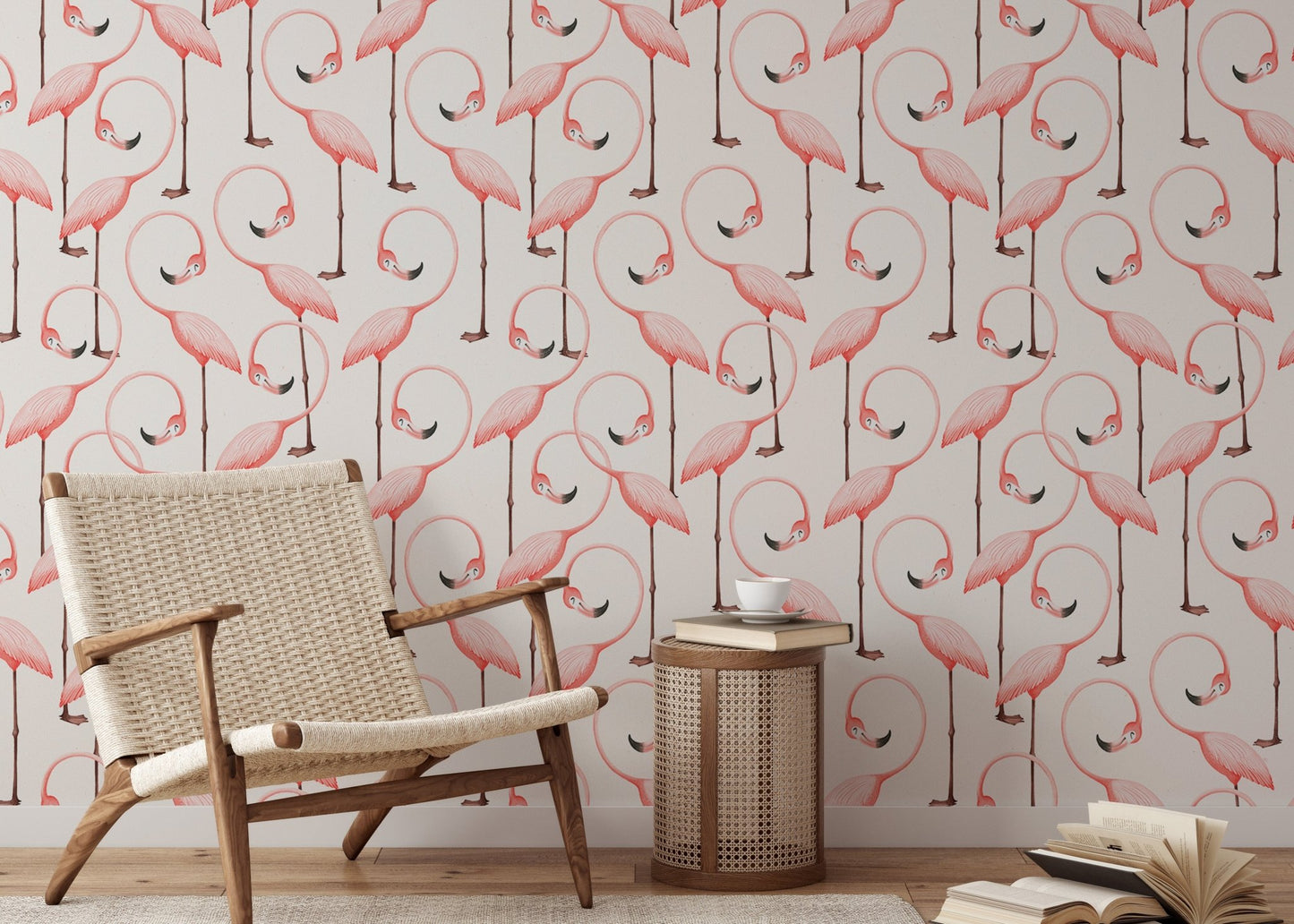 Elegant wallpaper with pink flamingos in a repeat design in reading room.