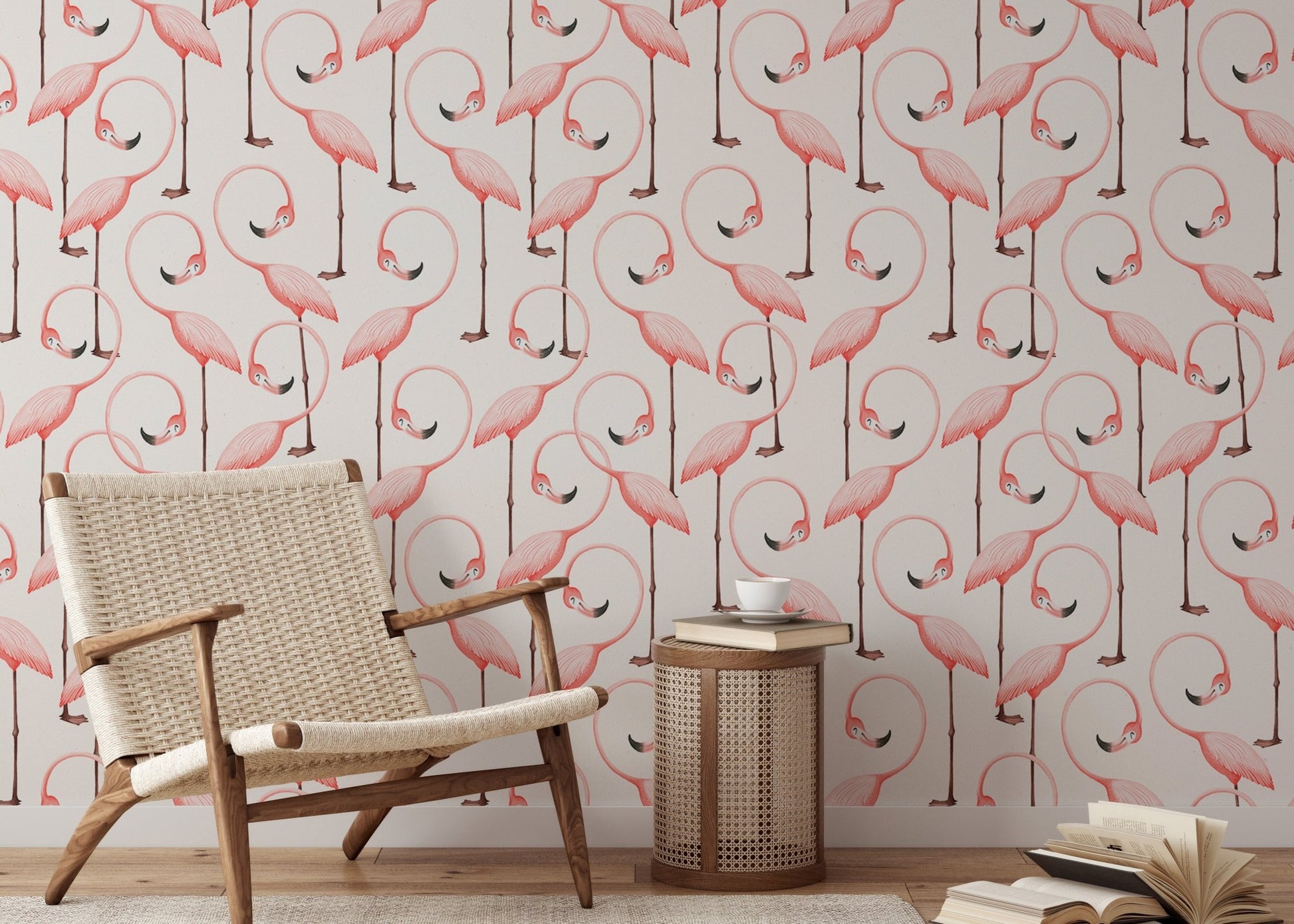 Elegant wallpaper with pink flamingos in a repeat design in reading room.