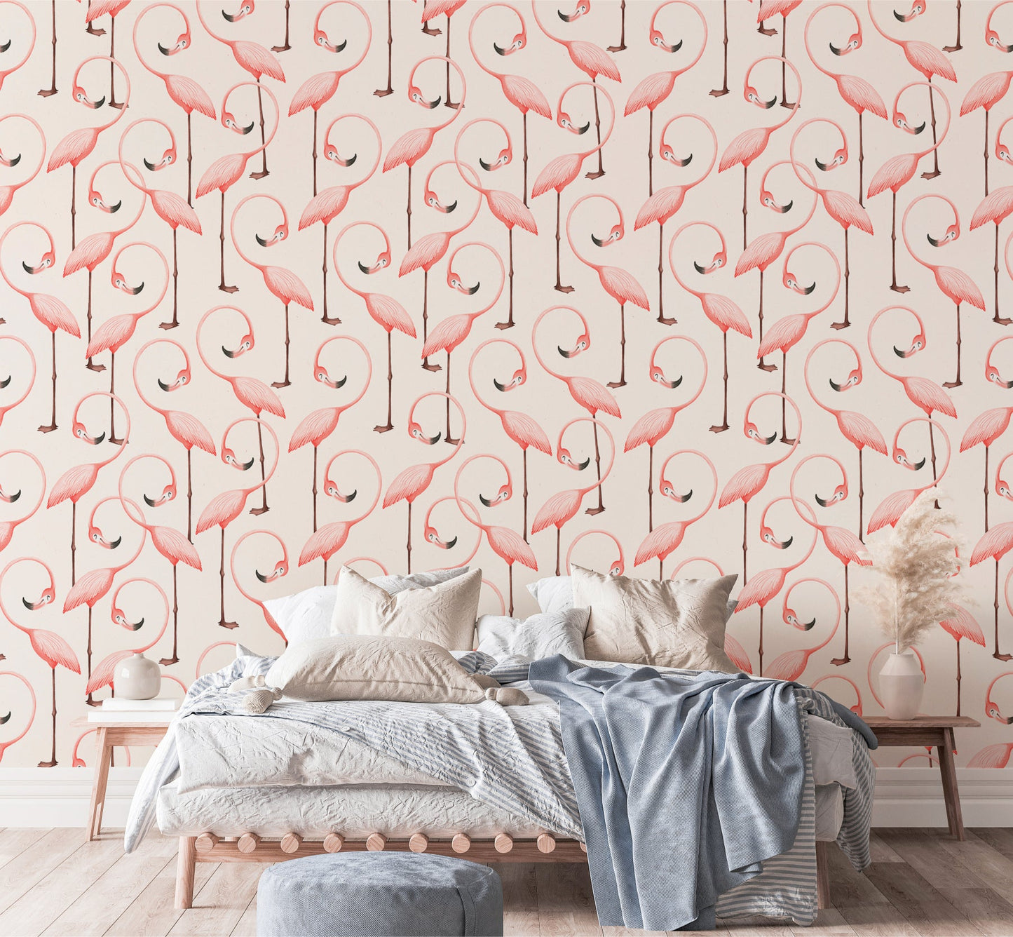 Graceful flamingos in a seamless self-adhesive wallpaper for bedroom.