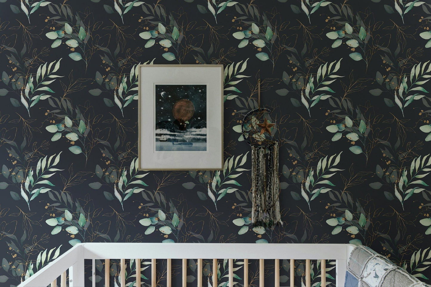 Dark floral wallpaper with green leaves in a minimalist nursery above a white crib.