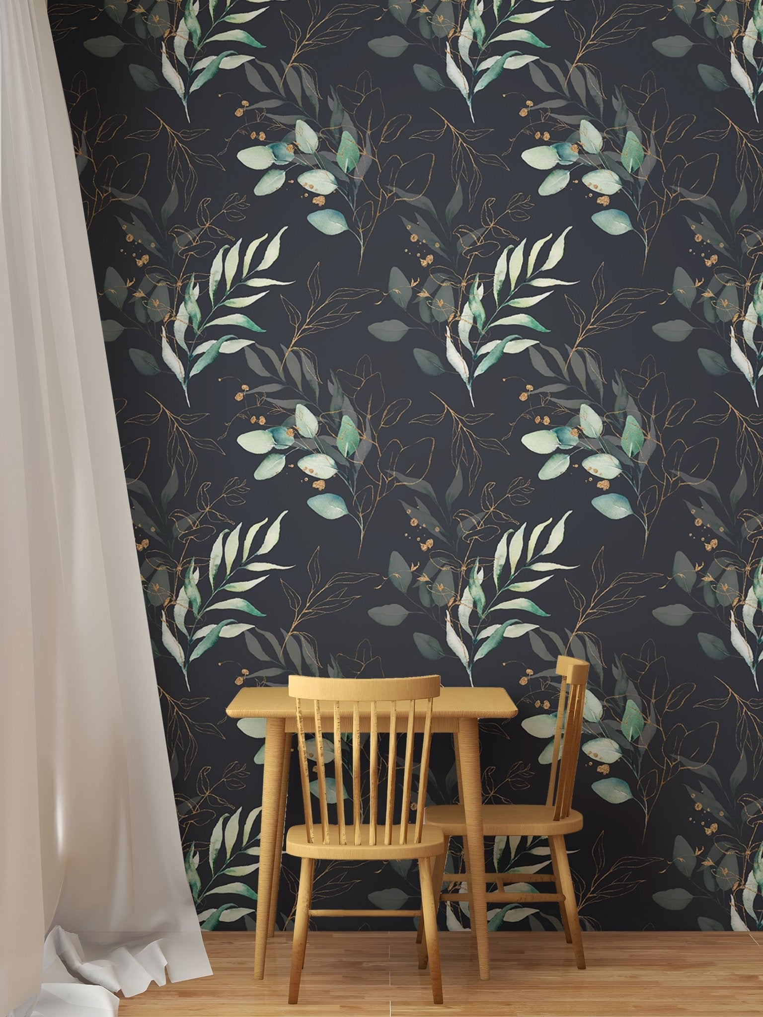 Leaves pattern wallpaper on a dining area wall with a wooden table and chairs.