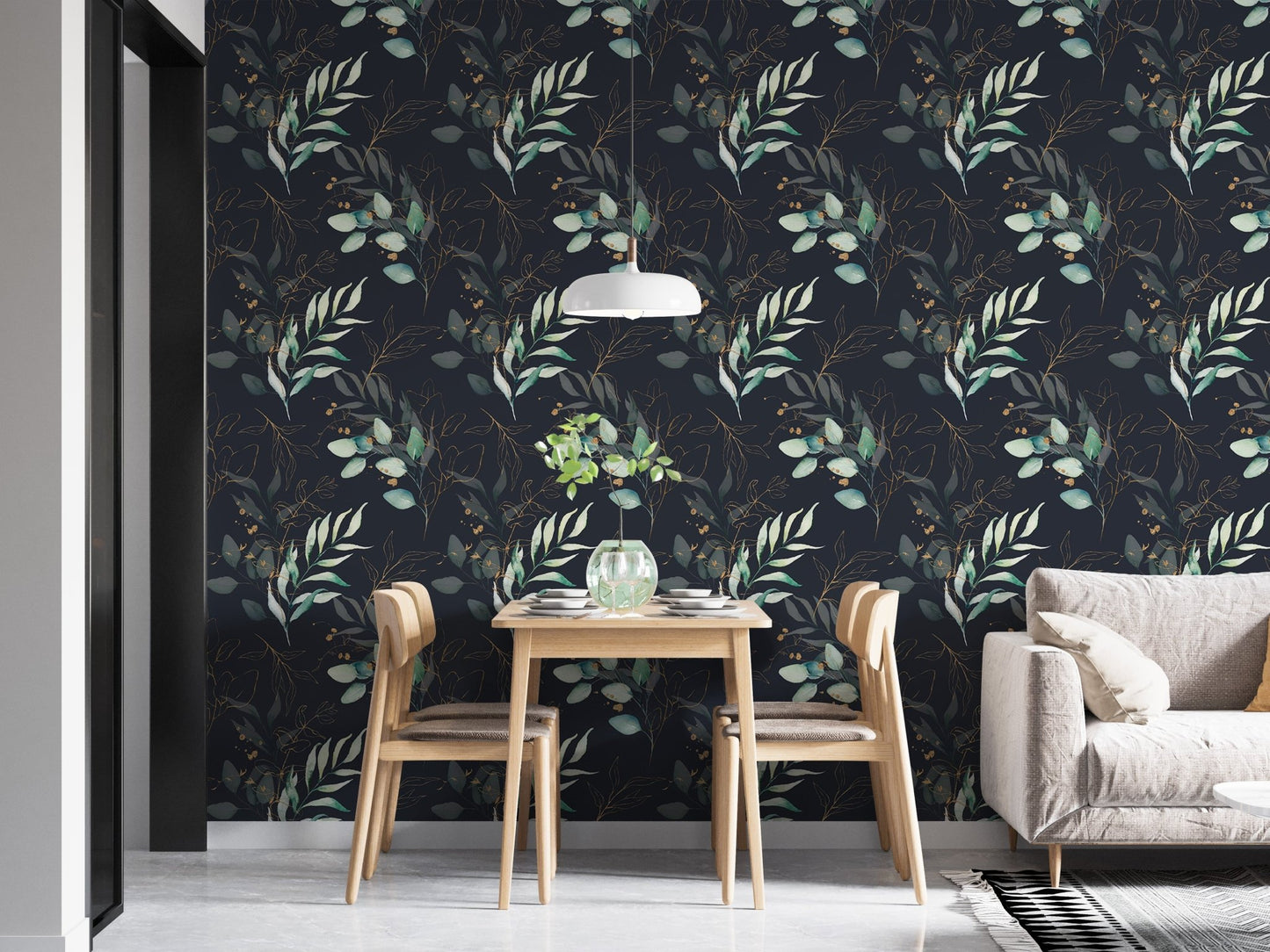 Seamless Watercolor Floral and Leaves Black Background Wallpaper in a modern dining room.