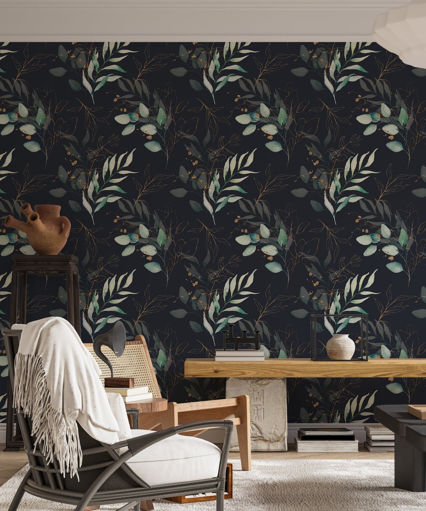 Seamless Watercolor Floral and Leaves Black Background Wallpaper in a living room with a chair.
