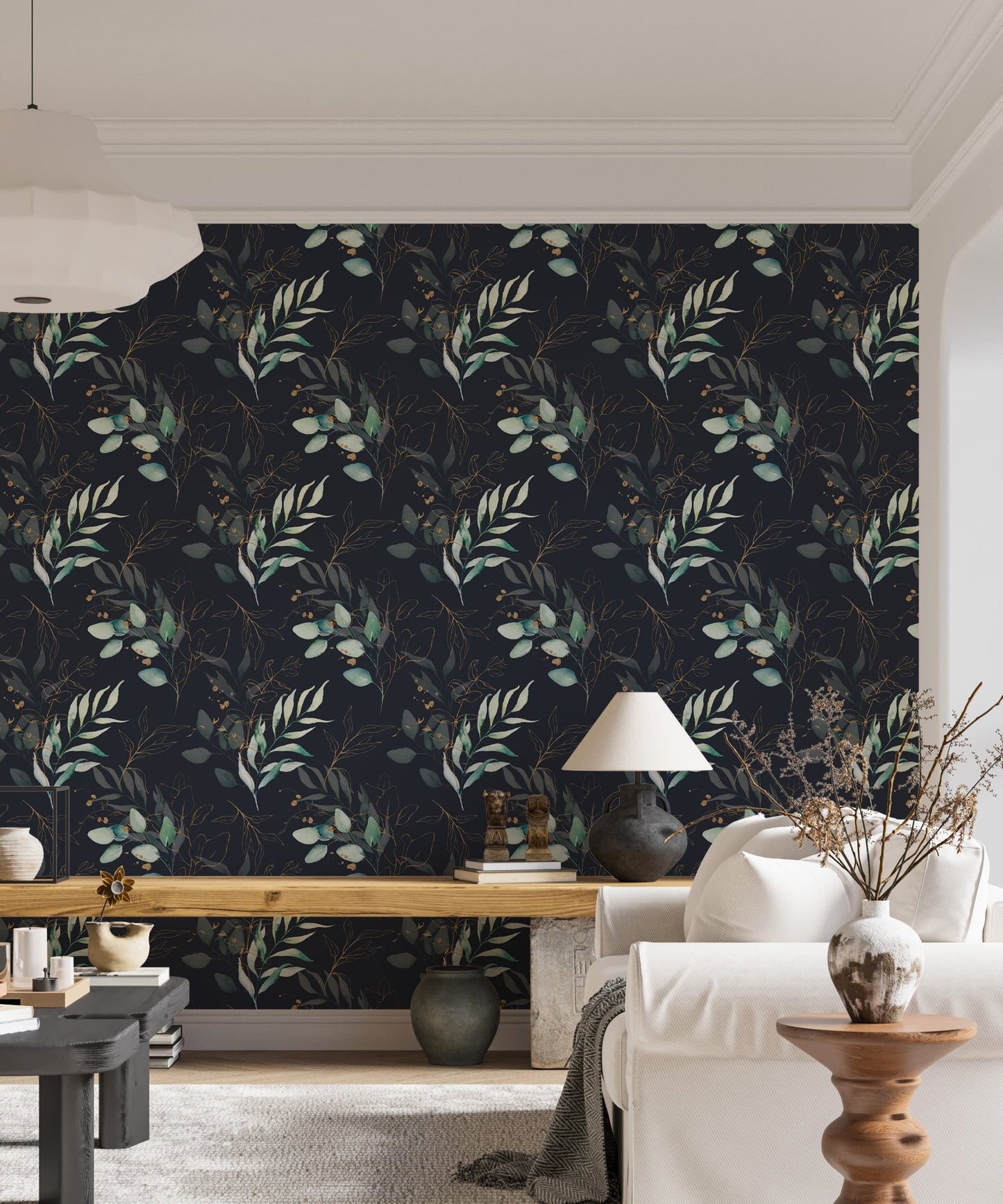 Seamless Watercolor Floral and Leaves Black Background Wallpaper in a bright living room.