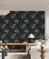 Seamless Watercolor Floral and Leaves Black Background Wallpaper in a bright living room.