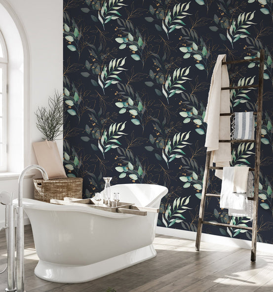 Seamless Watercolor Floral and Leaves Black Background Wallpaper in a bathroom with a tub.