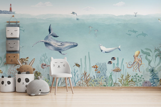 Hand-painted octopus and reef life wall mural.