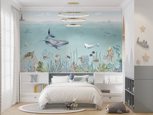 Artistic watercolor dolphin and whale life wallpaper.