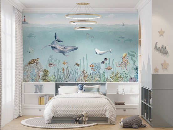 Artistic watercolor dolphin and whale life wallpaper.