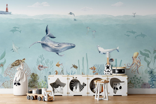 Blue whale swimming in secret sea life wallpaper murals.