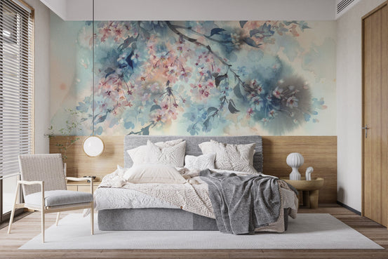 Elegant Peach Petal Mural wallpaper in a modern bedroom setting.