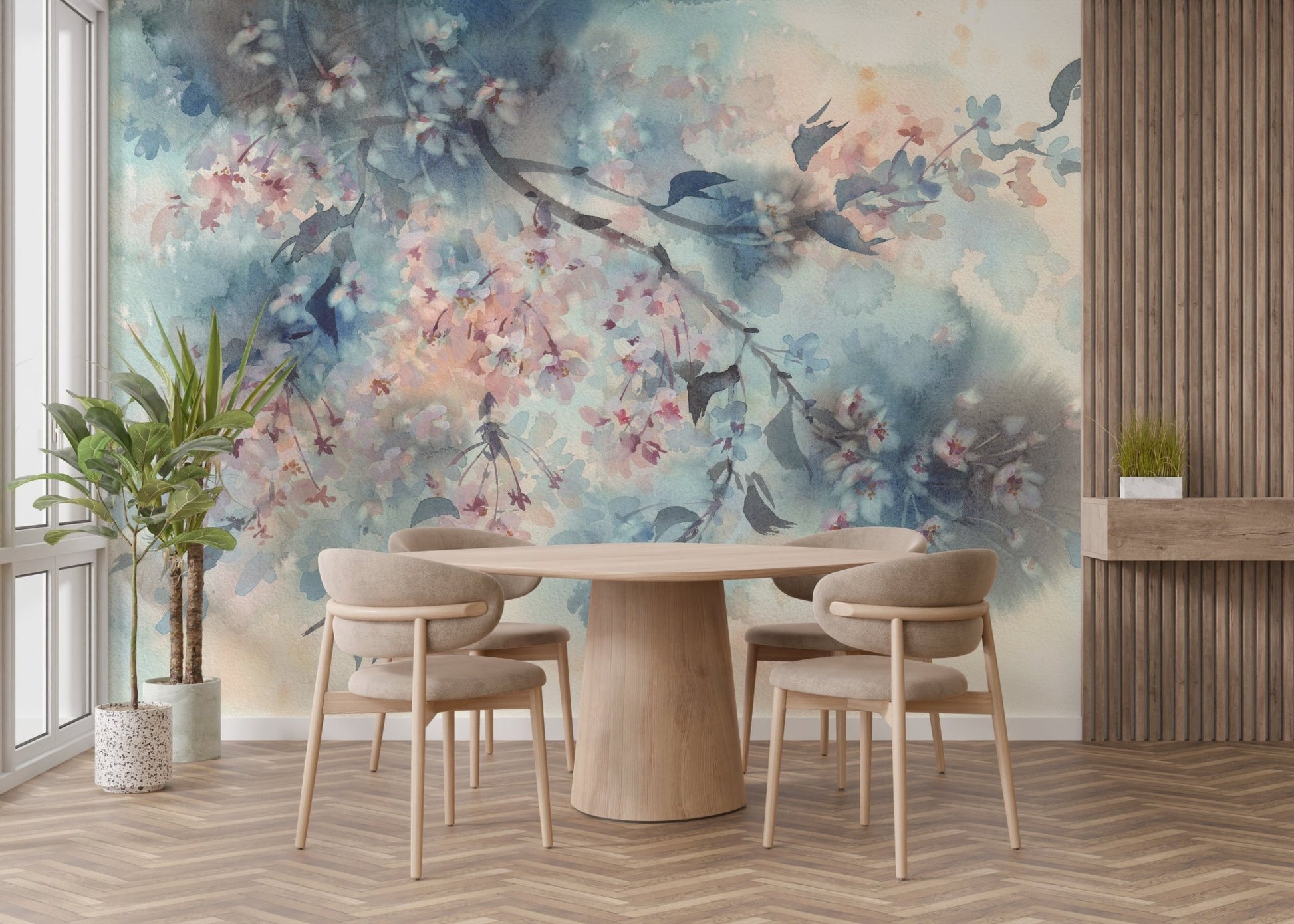 Abstract floral wall mural adding character to a lounge.