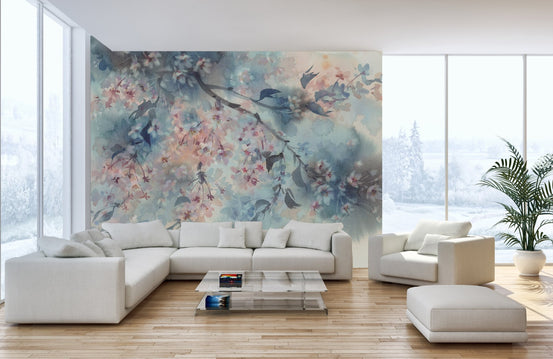 Elegant Peach Petal Mural wallpaper for a calm home office.
