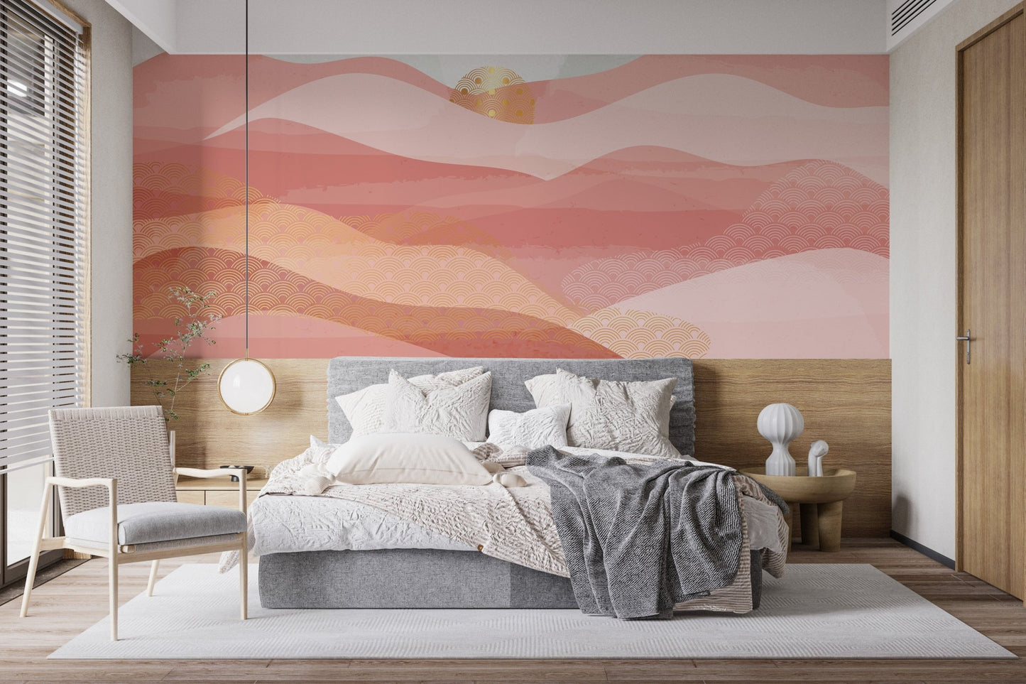 Abstract landscape wall mural with pink waves in a master bedroom setting.