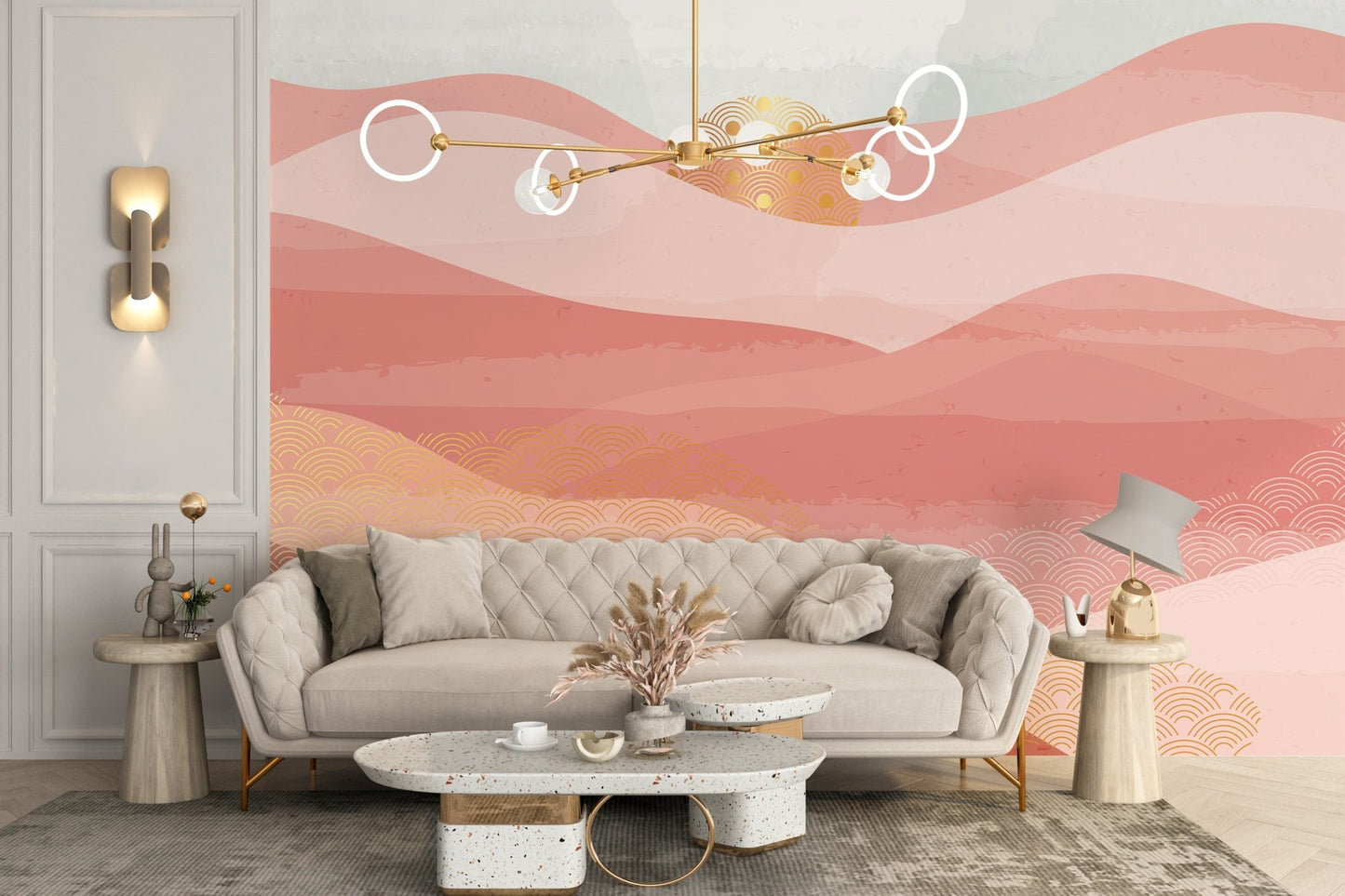 Pink and peach sunset wall mural behind a beige sofa in a living room.