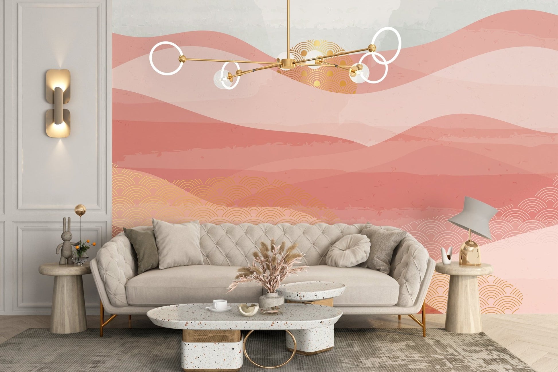 Pink and peach sunset wall mural behind a beige sofa in a living room.