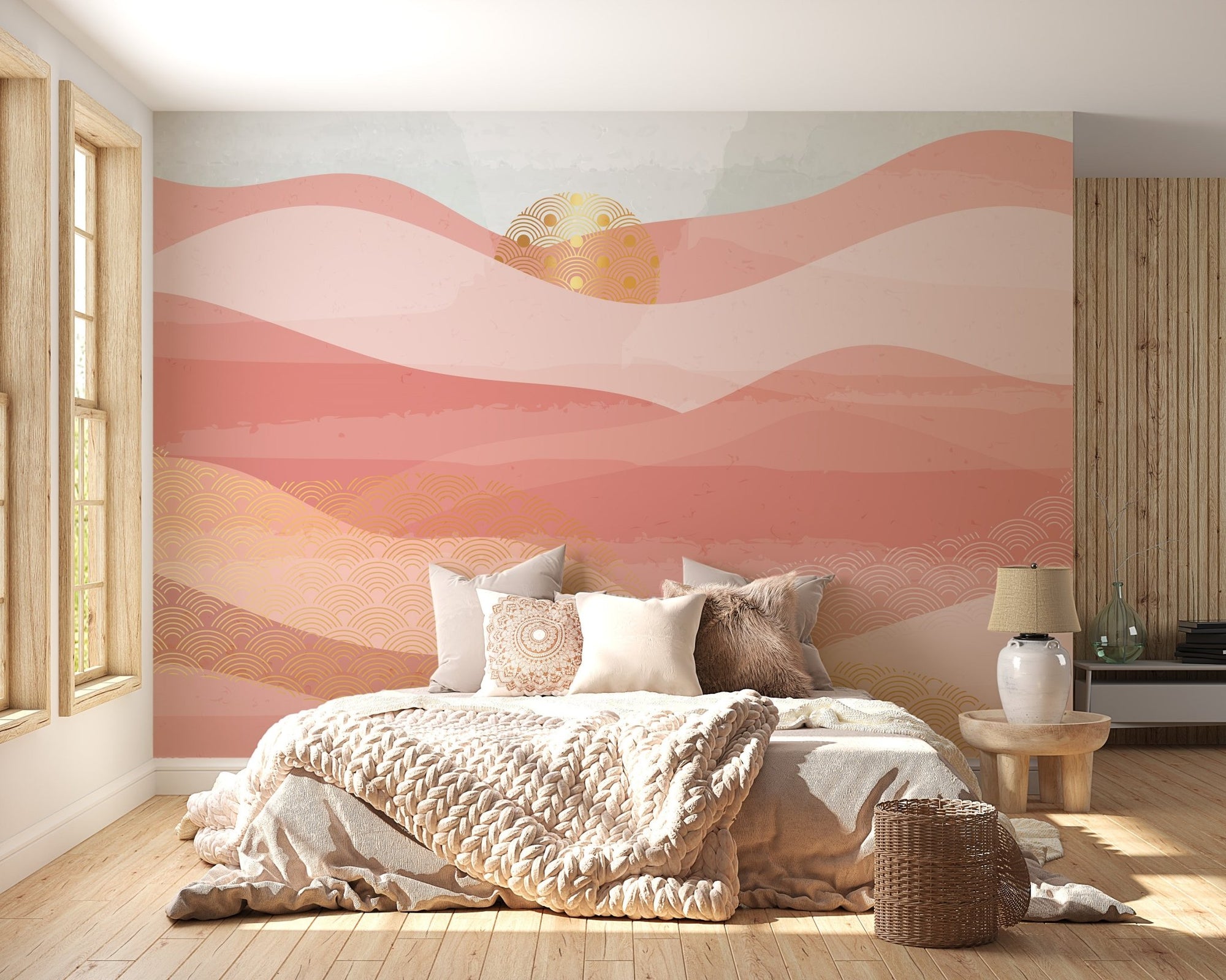 Pink and orange wave pattern wall mural in a bedroom with a tan duvet.