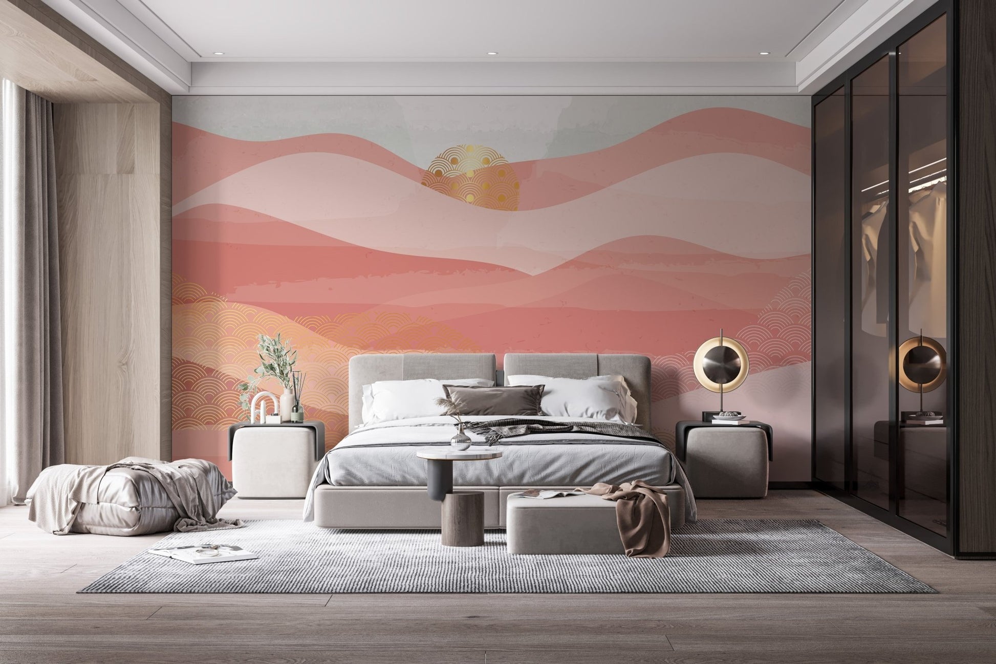 Modern bedroom wall mural with pink abstract waves and a gold sun detail.