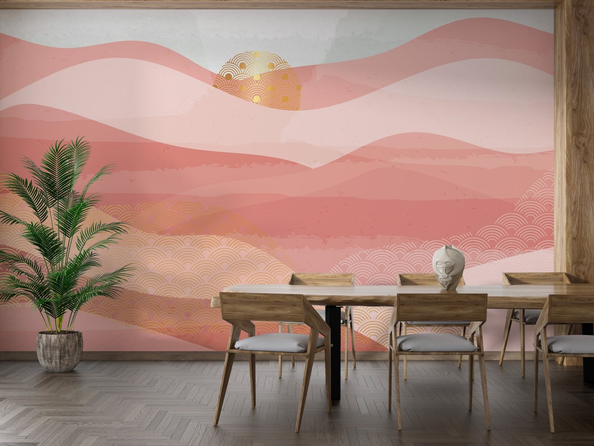 Dining room wall mural featuring pink abstract waves and a wooden table.