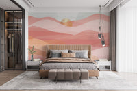 Abstract pink wave wall mural in a spacious bedroom with a dark wardrobe.