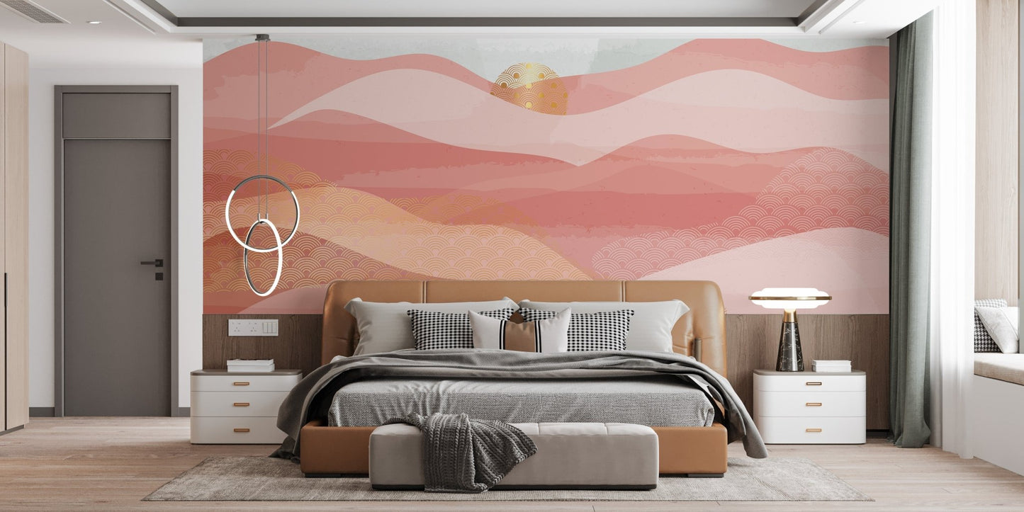 Self Adhesive Pink Surf Serenade Wall Murals behind a wooden bed frame.