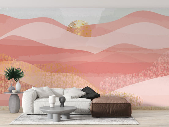 Pink and white wave wall mural in a living room with a brown leather ottoman.