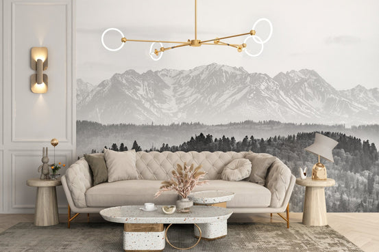 Living room featuring a snow covered range wall mural.