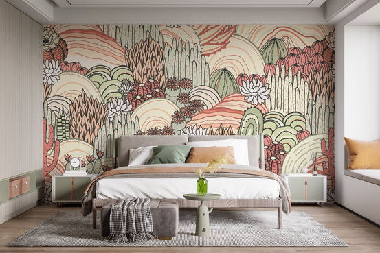 Self Adhesive Tropical Oasis Wall Murals in a modern master bedroom with grey rug.