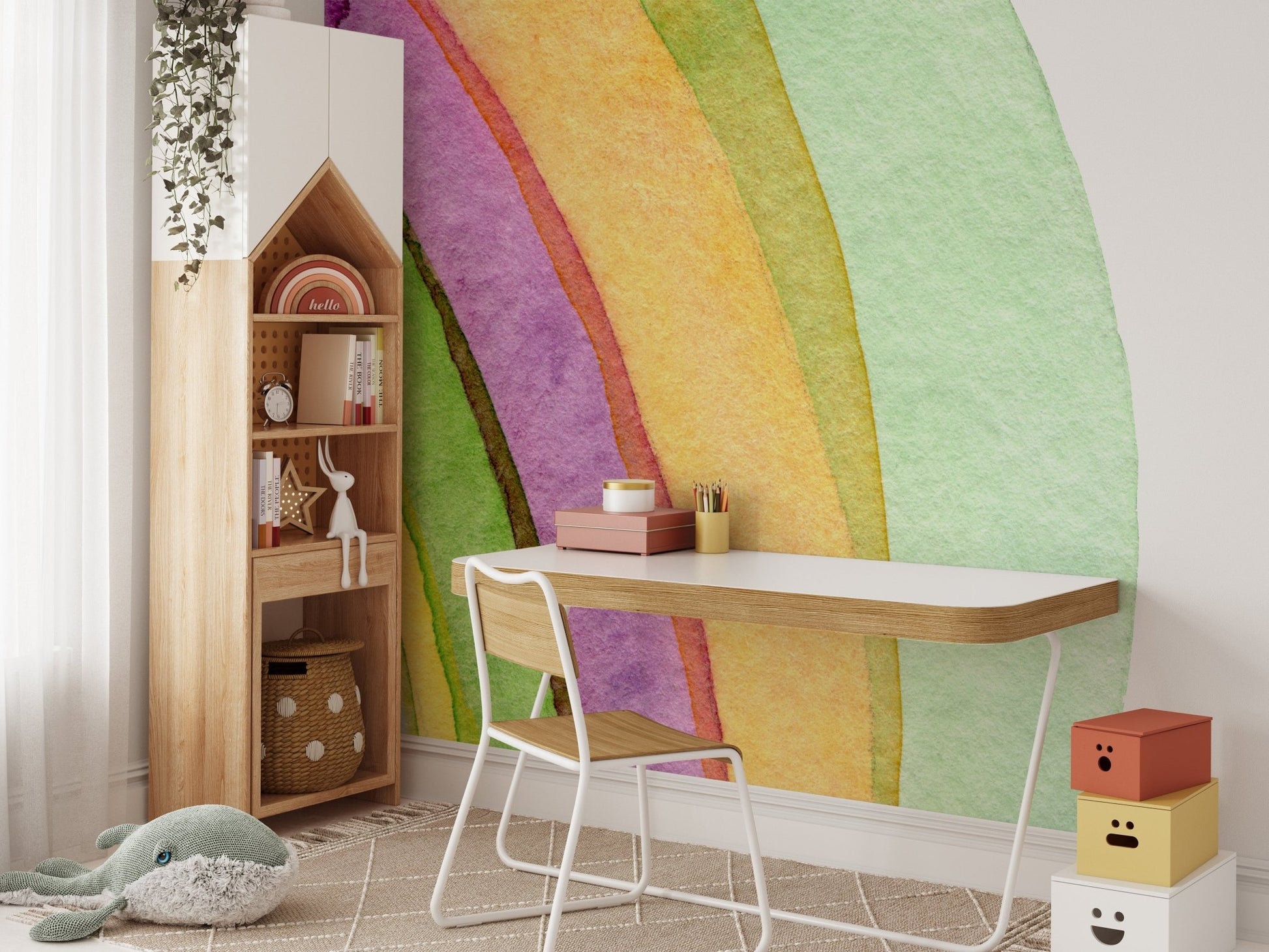 Decorative watercolor wallpaper mural for study corner with desk and wooden chair.