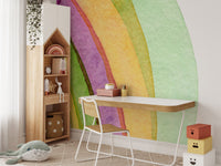 Decorative watercolor wallpaper mural for study corner with desk and wooden chair.