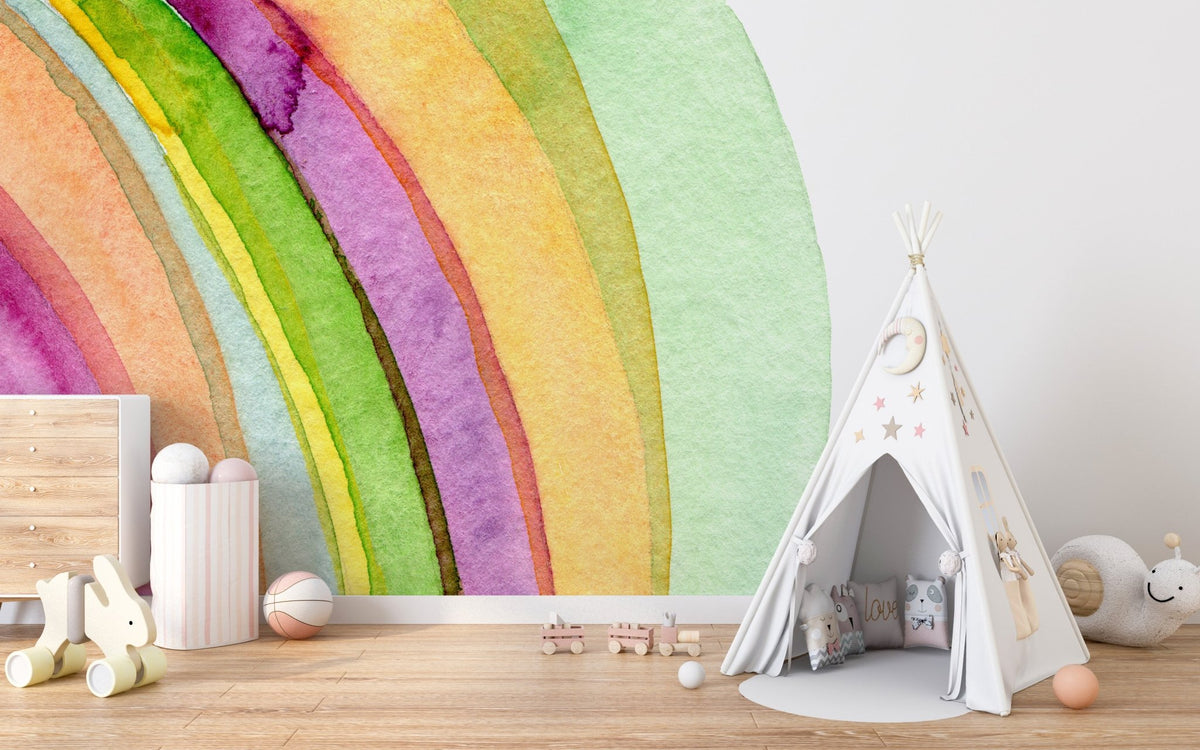Watercolor strokes mural for nursery with teepee and wooden toys.