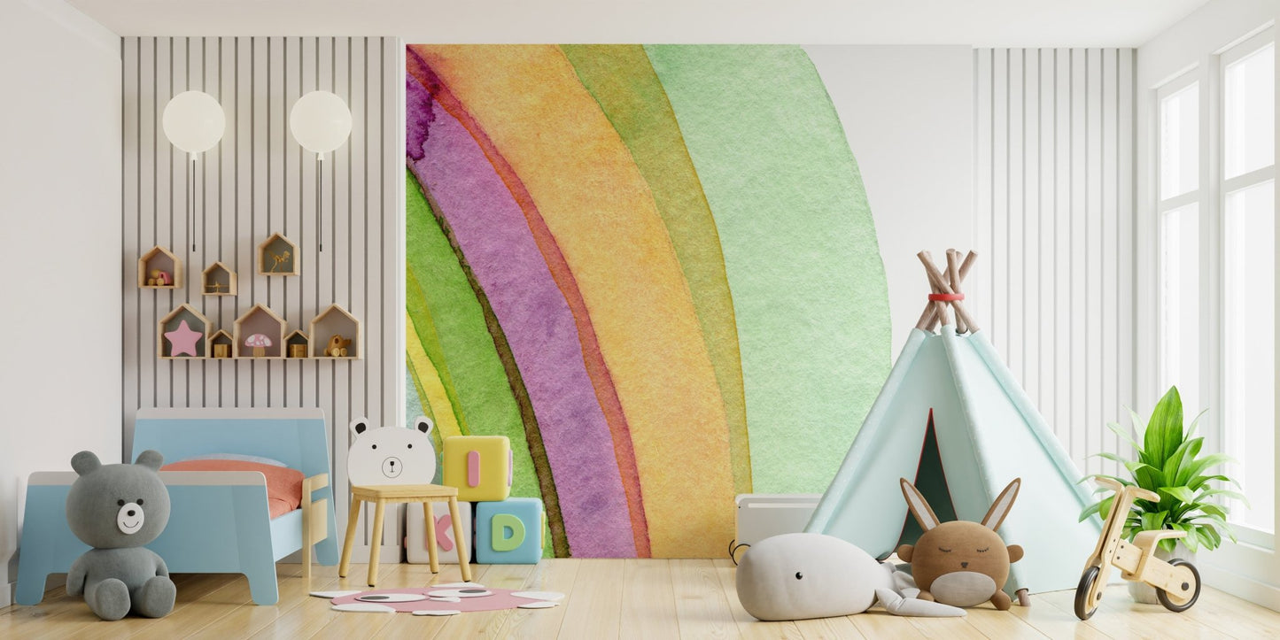 Colorful curved strokes wall mural in bright children's room setup.