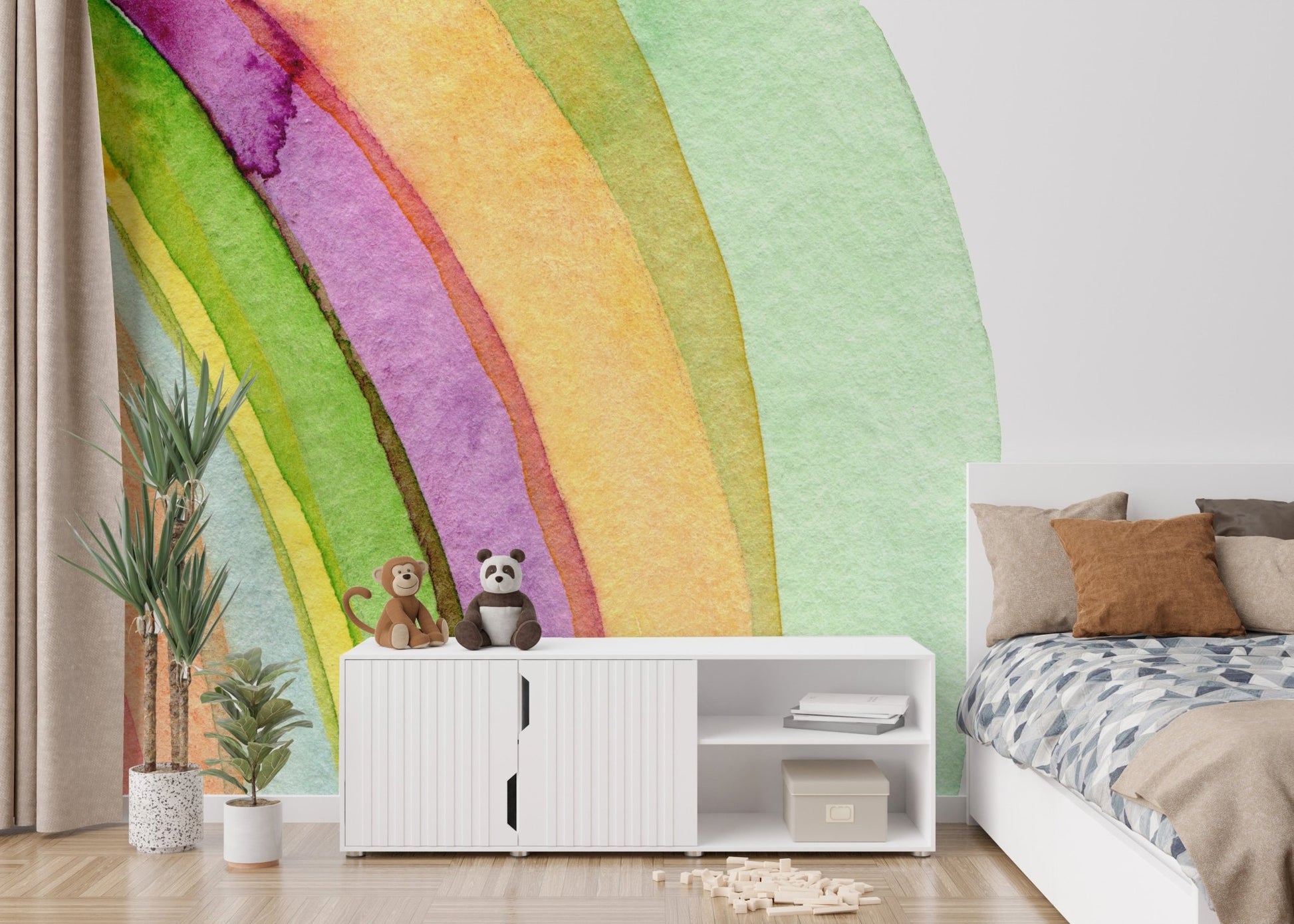 Muted pastel strokes wall mural for minimalist kids bedroom decor.