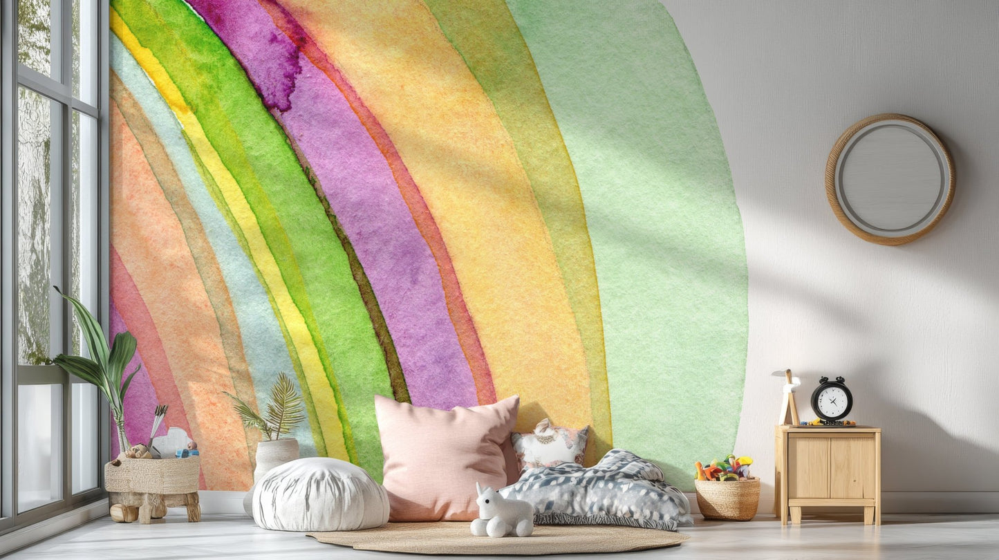 Pastel watercolor strokes wall mural for playroom featuring stuffed animals and shelves.