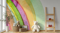 Self adhesive watercolor strokes murals in kids room with soft light.
