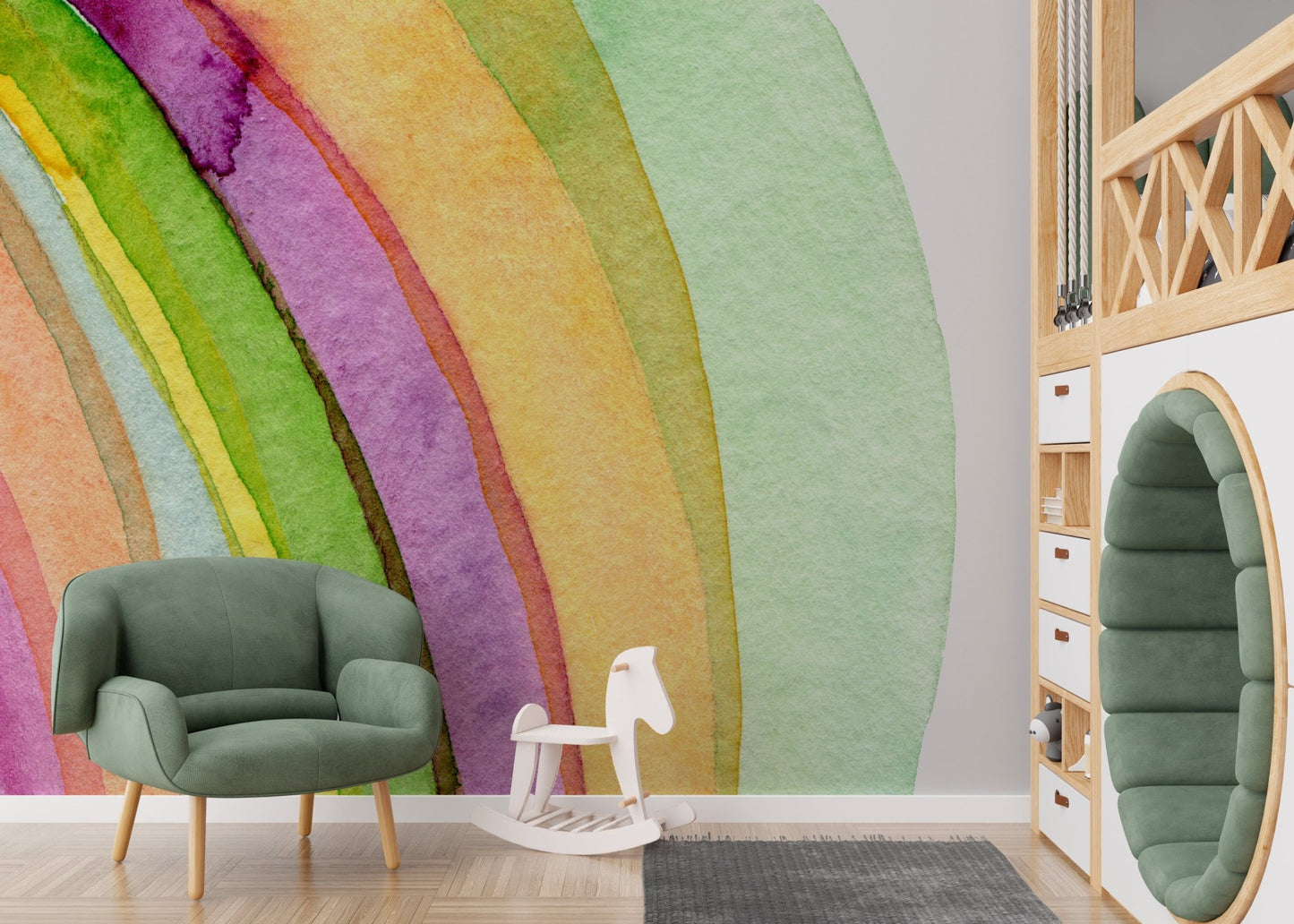 Vibrant watercolor rainbow wallpaper mural design for modern nursery interior.