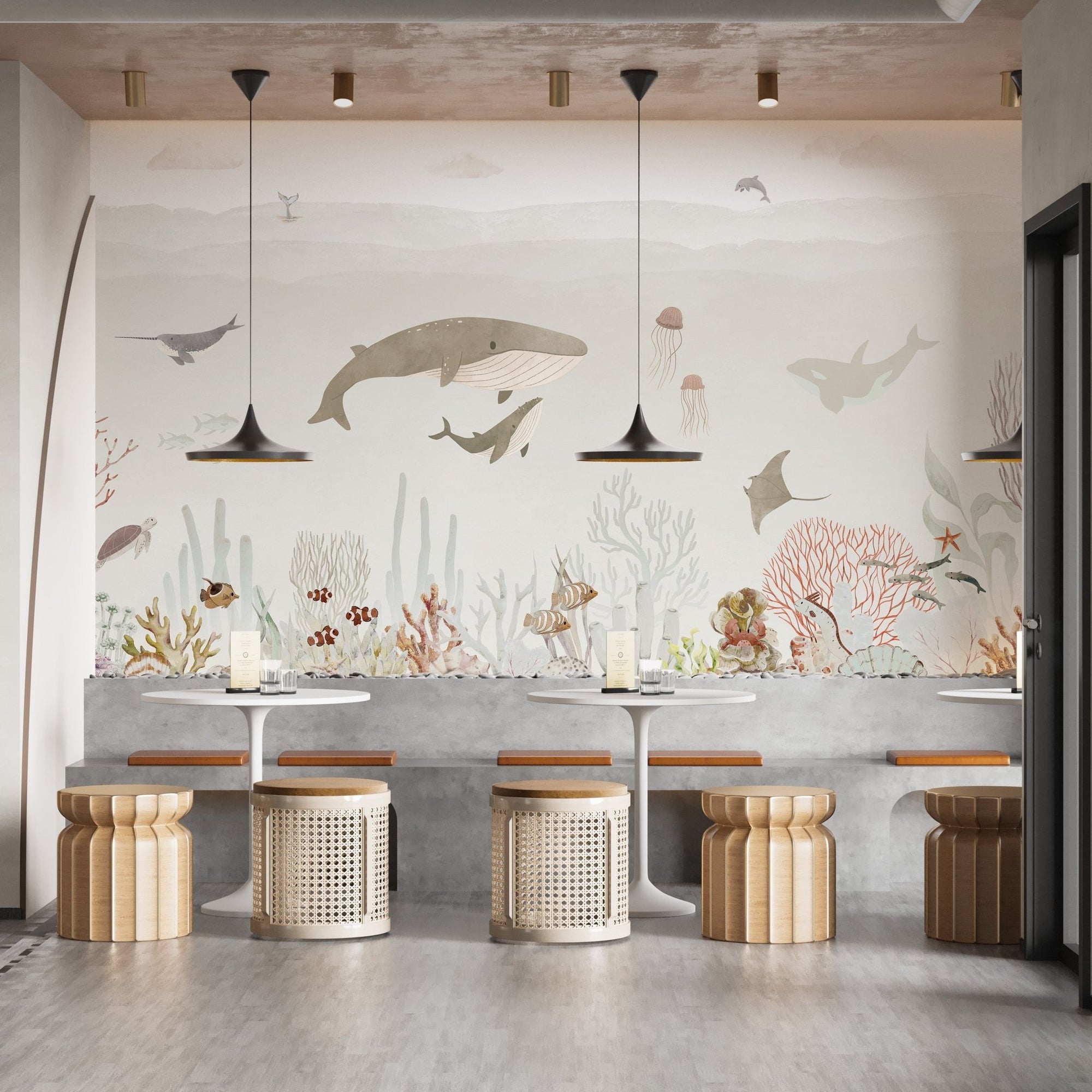 Sensational sea brown wall mural with neutral whales and coral.