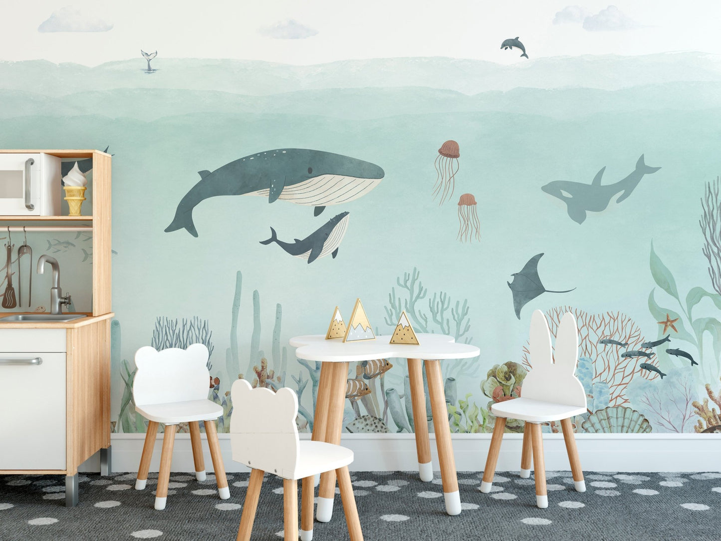Sensational wall mural featuring dolphins and sea turtles in teal tones.